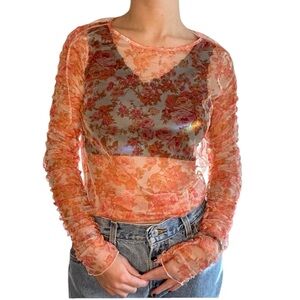 Zara Small Orange & Pink Rose Floral Print Mesh Sheer Long Sleeve Ruched Blouse